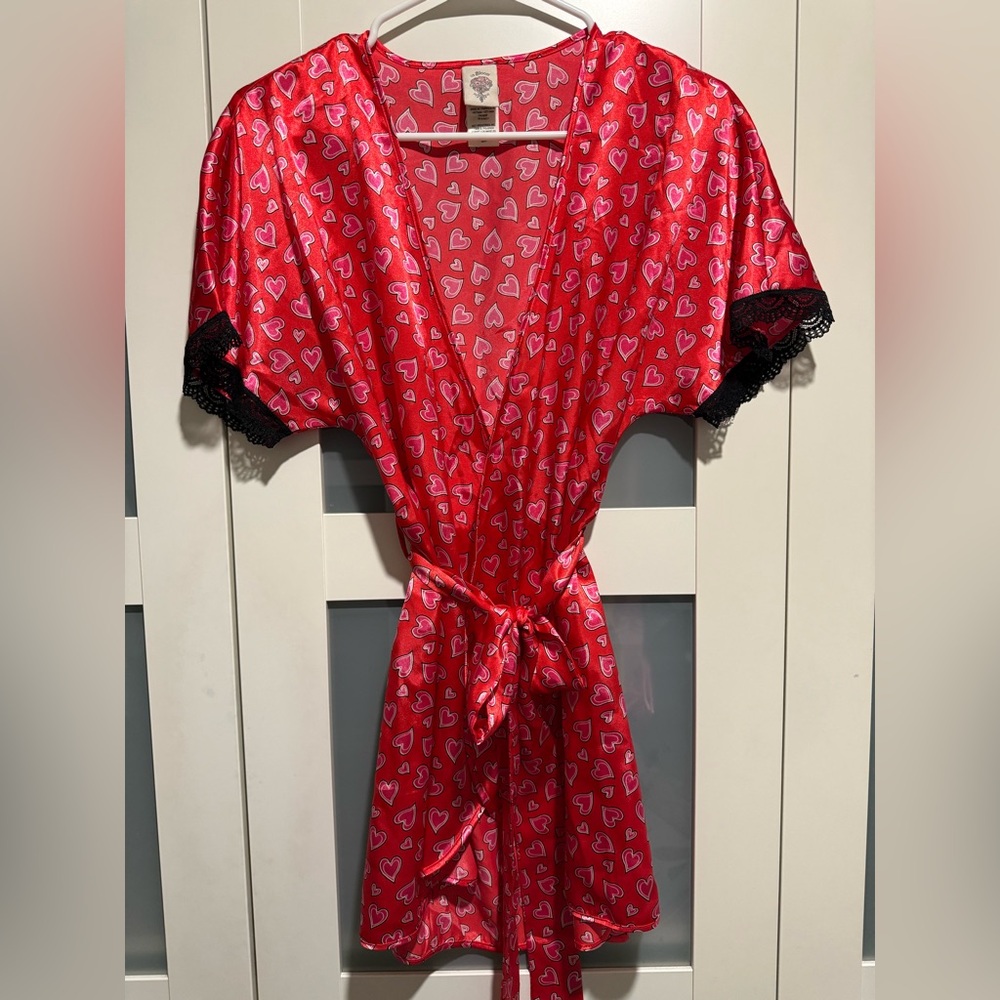 Women's Red Heart Print Satin Robe